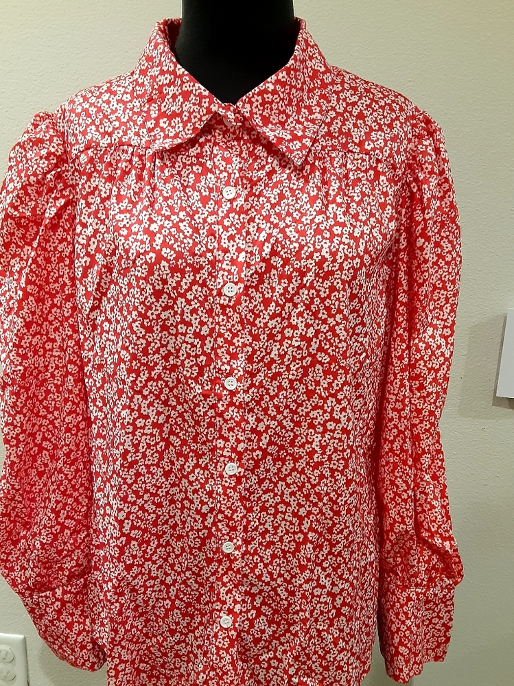 Women's Red Floral Button Front Blouse sz L